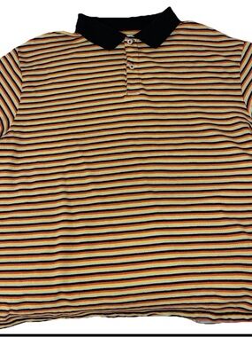 Original Use Men’s L Knit Jersey Polo w/ Orange, Blue, Black and Yellow Stripes.